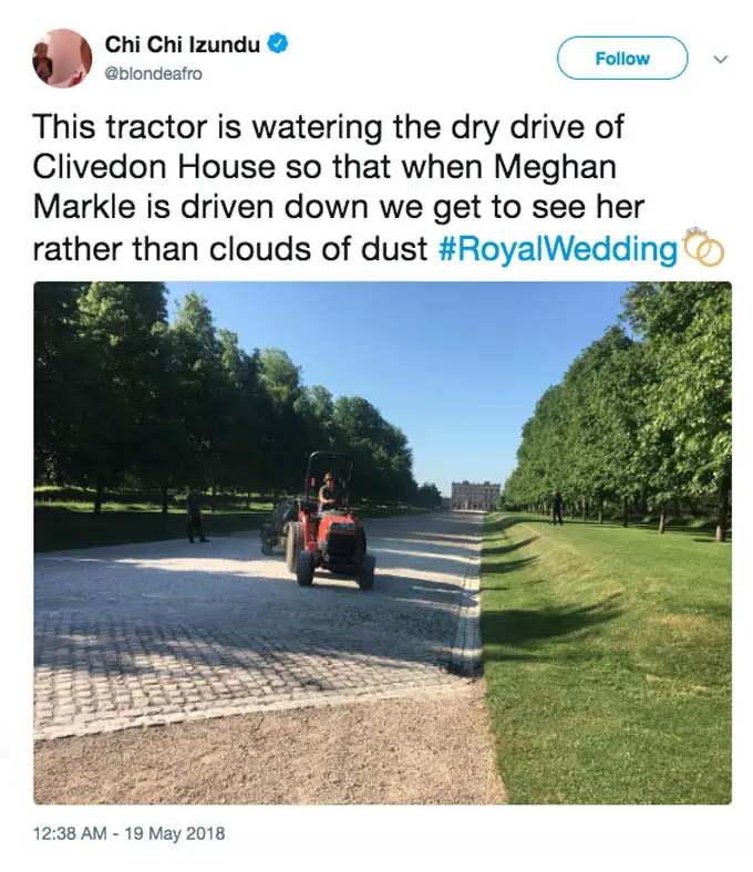 A tractor watered the drive at Clivedon House so that there weren't any clouds of dust! Picture courtesy of @blondeafro / Twitter