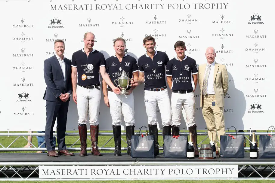 Team Pic! Maserati Royal Charity Polo Trophy 2018 ñ Team photo including James Cowan (L), Prince William, Duke of Cambridge (2ndL), Malcolm Borwick (3rdR) and Mike Biscoe (R) following the Maserati Royal Charity Polo Trophy 2018 - Photo by Chris Jackson / Getty Images for Maserati / La Martina