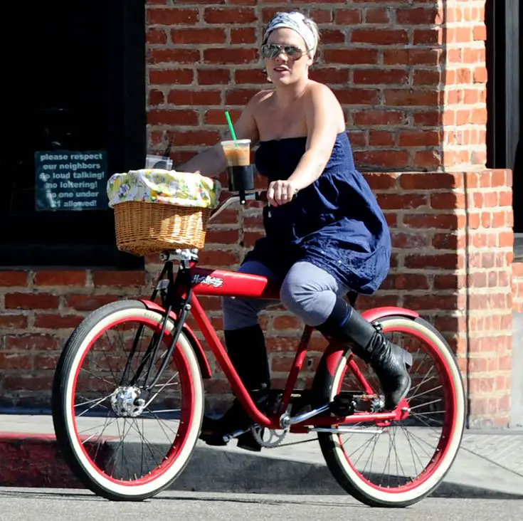 Pink wore a blue dress over her jeans as she cycled in Venice Beach, California © Atlantic Images