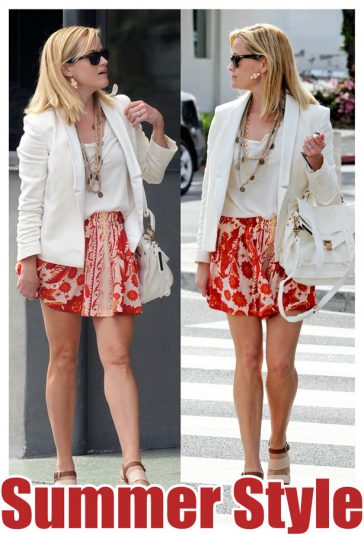Reese Witherspoon showed off her Parisian style with a canvas necklace and red and orange patterned skirt © Atlantic Images