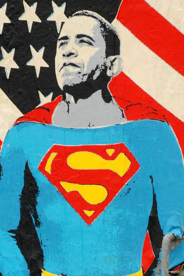 SuperBama! Former US President Barack Obama is portrayed as Superman in this stunning graffiti poster spotted on the streets of Los Angeles © Atlantic Images