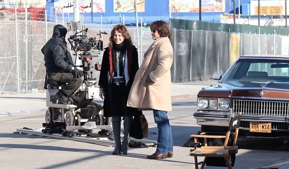 James Franco wrapped up in a sheepskin coat on set of 'The Deuce' Season 2 © The MEGA Agency