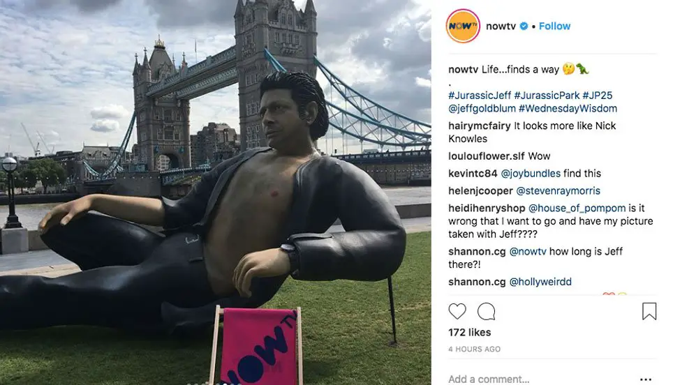 Well...there it is! This HUGE skin-baring statue of Jeff Goldblum's character, Dr. Ian Malcolm, in London is causing comedy chaos! Picture courtesy of Instagram/ @NOWTV