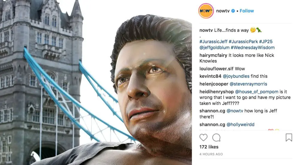 That's one big pile of...Jeff Goldblum! His iconic character Dr Ian Malcom from Jurassic Park now sits on the riverside on the Thames in London - Picture courtesy of Instagram/ @NOWTV