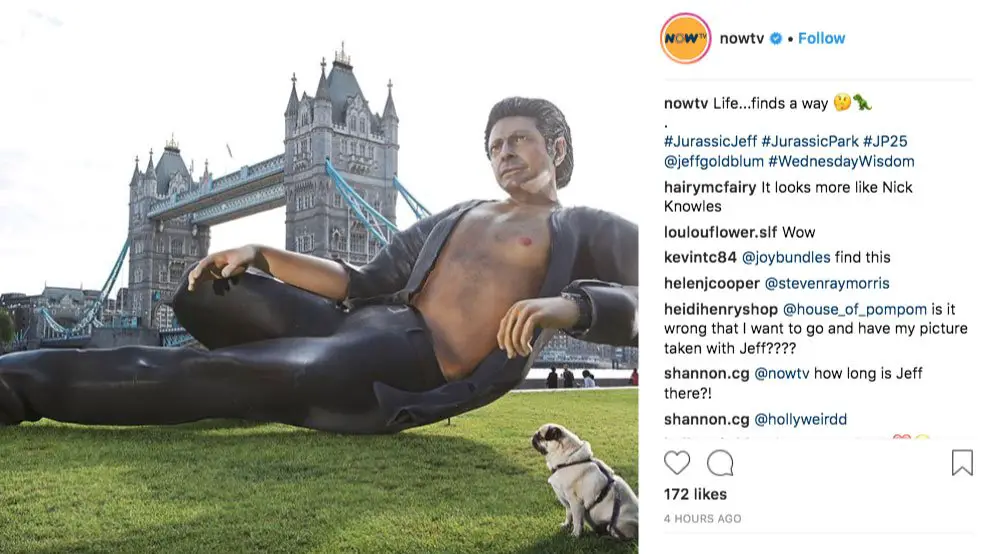 Jeff...Finds A Way...Thanks to NOWTV! This hilarious Jeff Goldblum Jurassic Park Statue salutes the 25th anniversary of the iconic film! Picture courtesy of Instagram/ @NOWTV