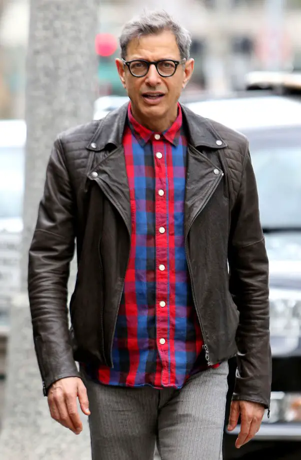 Jeff Goldblum is known for his colorful shirts and here he's spotted in Santa Monica matching it with a leather jacket