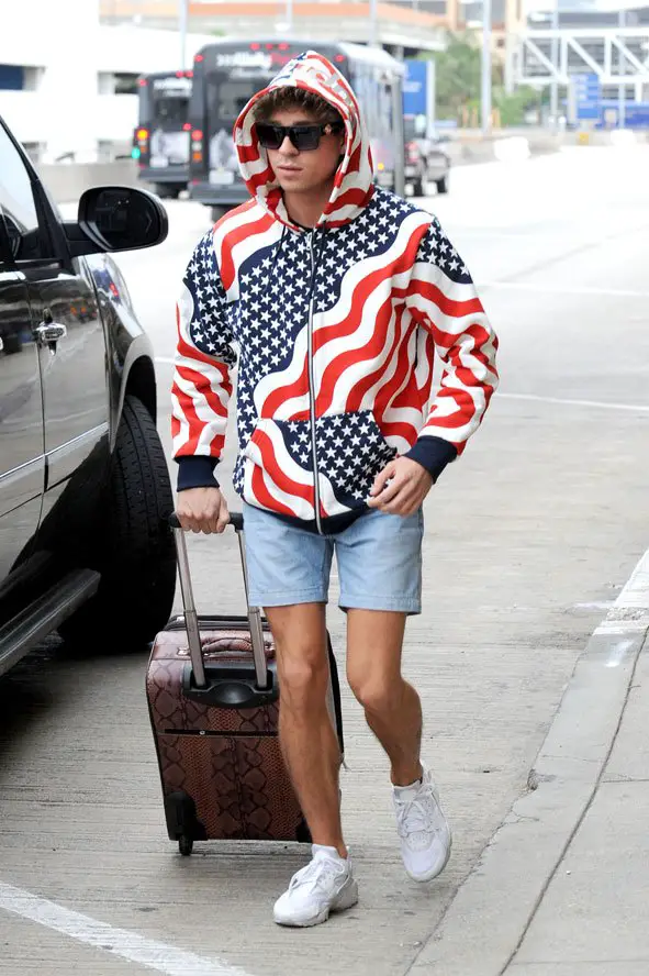 The Only Way Is Stars & Stripes! Joey Essex wore a USA Hoodie as he landed in LA! © Atlantic Images