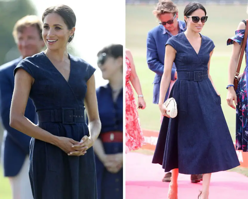 Meghan Markle looked classy in her navy blue cotton Carolina Herrera dress with a V neckline - Photo courtesy of Image.net / Chris Jackson / Getty Images