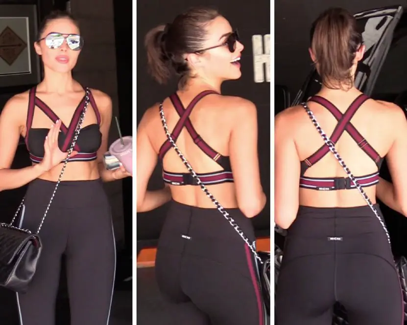 Olivia Culpo wore a revealing MICHI NY sports bra and leggings as she left the Heart and Hustle Gym in LA © The Mega Agency