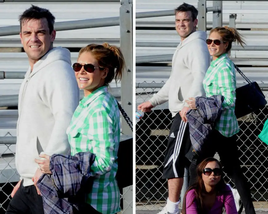 Robbie Williams and Ayda Field pictured together at a soccer match in Calabasas, California
