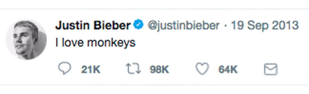 Justin Bieber posted "I love monkeys" on his Twitter account - Photo Courtesy of Twitter