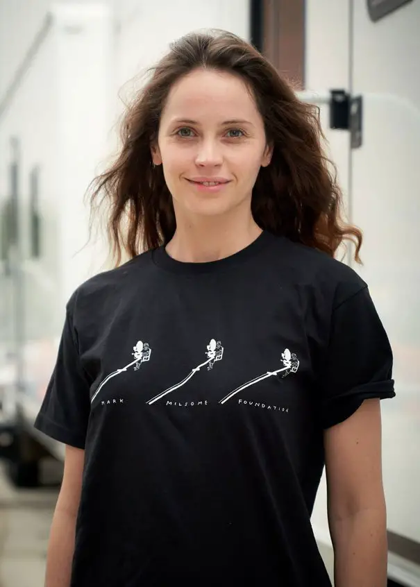 Felicity Jones supports the Mark Milsome Foundation with his Black Foundation T shirt - Photo courtesy of the Mark Milsome Foundation Website