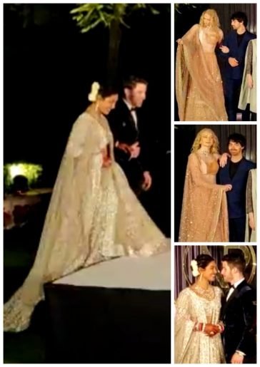 The wedding of Priyanka Chopra and Nick Jonas. Sophie Turner seemed to have problems with her sparkling peach and gold lehenga as she lined up for a picture with Joe Jonas looking on © The Mega Agency
