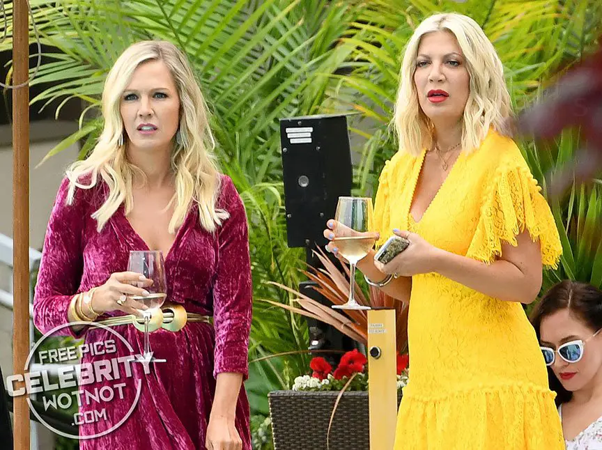Jenny Garth and Tori Spelling filming the new BH90210 in Vancouver, Canada