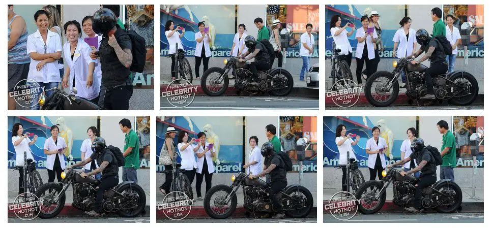 Say Cheese! Some nail salon workers spotted David Beckham on his cool custom motorbike and wanted a picture of the star! © Atlantic Images