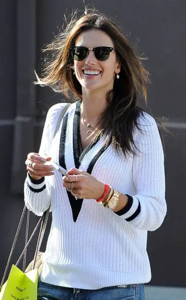Alessandra Ambrosio looked stunning as she went makeup free and wore a white cricket sweater © Atlantic Images