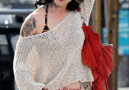 Kat Von D shows off her tattoos in a leopard print bikini bra in West Hollywood © Atlantic Images