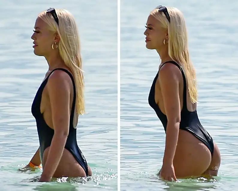 Lottie Tomlinson had sunglasses to match her thing-bottomed swimsuit © The MEGA Agency