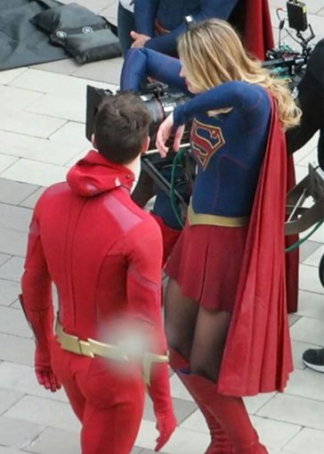 Melissa Benoist AKA Supergirl dancing on set with Grant Gustin AKA The Flash!