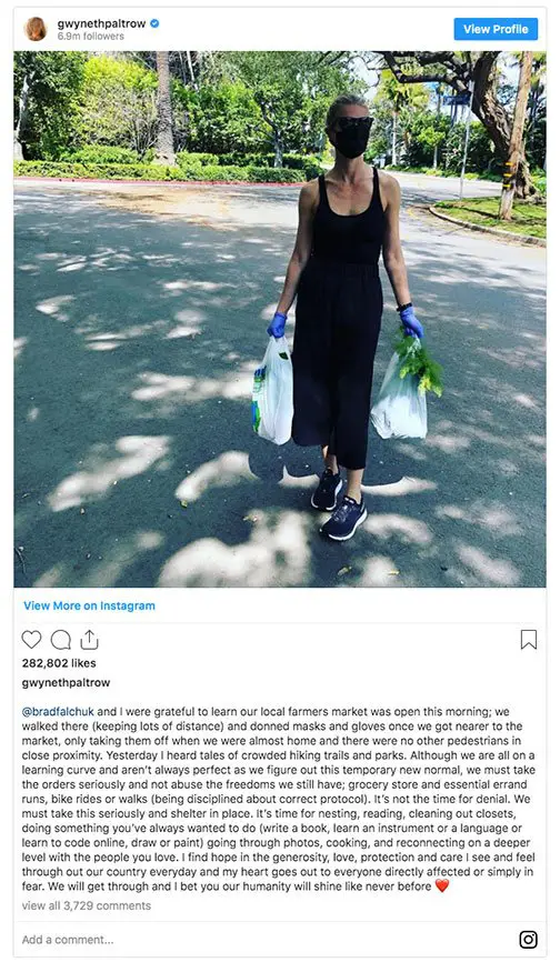 Gwyneth Paltrow Coronavirus fashion! The actress wore a black mask as she went to her local farmers market during the Coronavirus