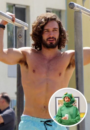 Joe Wicks Topless on Beach helps with PE video in Frog Costume