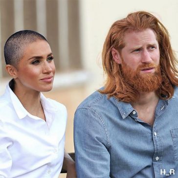 Meghan Markle sports a buzzcut and Harry's red hair has now grown into a mullet!