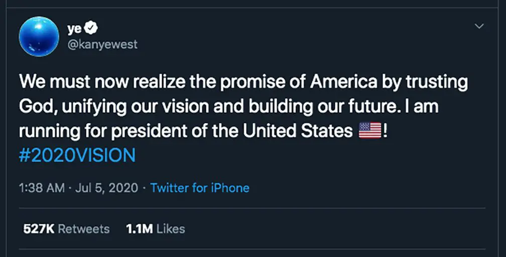 Kanye West announces his running for the president of the United States on his @ye Twitter page