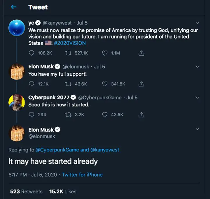 Elon Musk responds "You have my full support!" after Kanyes West announces he will run for president in 2020 via Twitter