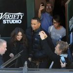 William H Macy turned into a cameraman as he filmed Selena Gomez at the Sundance Film Festival © Atlantic Images Selena Gomez William H Macy Versace Fall Trench Coat Sundance © Atlantic Images