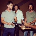 Chris Hemsworth and Gerard Butler were pictured in Las Vegas together with Chris being asked for his autograph with Gerard looking on! © Atlantic Images Chris Hemsworth Gerard Butler Las Vegas Floyd Mayweather McGregor Fight Autographs Fashion