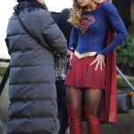 Melissa Benoist took a break getting her make-up re-applied between takes and showed off her long legs in her Supergirl tights © Atlantic Images Melissa Benoist Supergirl Revealing Costume Filming Vancouver