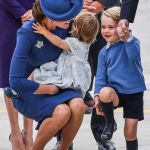 Prince George had a big smile on his face as Mum Kate lent down to chat with the little royal © Atlantic Images Royal Tour Canada Prince William Kate Middleton Prince George Princess Charlotte Jenny Packham Dress